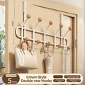Cremeweiße Garderobenleiste mit 5 Haken, Holzkugeln und Karbonstahl-Konstruktion - 10 Haken / Cremeweiß