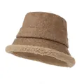 Close-up detail of vintage jacquard suede bucket hat with warm sherpa fleece lining. - Khaki
