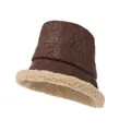Close-up of retro suede fisherman hat with plush faux lamb wool trim for winter warmth. - Dark Coffee