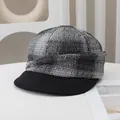 Close-up of vintage grey checkered wool newsboy hat for women in autumn - Black White Gray Mixed Plaid (Black Brim)