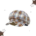 Gorra newsboy clásica de cuadros para mujer con ala ancha y diseño de nube. - Gorra octogonal a cuadros (LY) / Azul Marrón