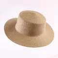 Elegant natural beige straw sun hat with a wide flat brim for women's summer beach vacation - Plain Flat Top Straw Hat (Light Coffee)