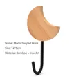 Decorative moon-shaped bamboo wall hook with black iron J-hook for home organization - Moon Style