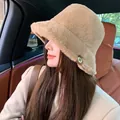 Stylish khaki plush bucket hat for women, thick warm winter faux fur headwear accessory - Khaki
