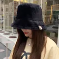 Stylish cozy black plush bucket hat for women, thick winter warm fisherman cap accessory. - Black