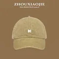 Children's washed cotton baseball cap in khaki with white embroidered letter K - Adjustable Circ (56-58cm) / Khaki