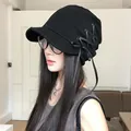Stylish black short brim fisherman hat with sweet lace-up side detail for autumn - Black