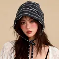 Korean style striped cotton beanie hat with ties in dark navy and white stripes - Black