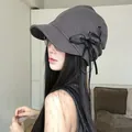 Grey short-brimmed cloche bucket hat with black ribbon bow decoration for women - Grey Purple