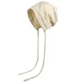 Breathable cotton striped slouchy beanie hat in cream with long ties for chemo or sleep - White