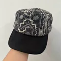 Vintage embroidered flat top military cap with white stitching pattern in black - Light Gray Brown Brim