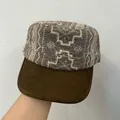 Vintage embroidered flat cap featuring a brown suede brim and grey patterned fabric - Charcoal Black Brim