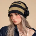Gorro de punto de rayas para mujer, bufanda de cuello 2 en 1 cálida - Contraste Negro Caqui (G1574) / Contraste Negro Caqui