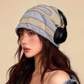 Gorro de invierno de rayas azules y beige para protegerse del viento al aire libre - Contraste Azul Claro Caqui (G1574) / Contraste Azul Claro Caqui
