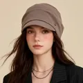 Elegant brown knit newsboy hat for women with vintage equestrian style and metal detail - Newsboy Hat (KIZLANC) / Khaki