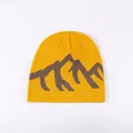 Stylish yellow knit beanie hat featuring a brown mountain jacquard pattern for winter - One Size / Yellow