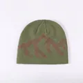 Fashionable green knitted beanie with brown mountain jacquard pattern for winter - One Size / Army Green