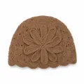Elegant brown crochet knit beanie with large flower detail and scalloped edge for women - Coffee