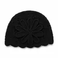Elegant black mohair yarn crochet beanie with large knit flower detail for winter - Black