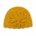 Vintage mustard yellow handmade crochet beanie hat with large floral petal detail for women - Turmeric