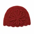 Vintage burgundy crochet beanie featuring a large elegant flower knit design detail. - Burgundy