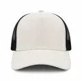 High-quality detailed front view of a beige suede and black mesh trucker cap with curved brim - Off-White and Black Mesh