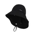 Black breathable cotton linen sun protection bucket hat with adjustable chin strap - Black