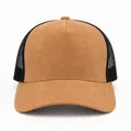 Detailed front view of a brown suede trucker hat with breathable black mesh back. - Caramel Brown and Black Mesh