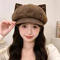 Front view of a brown vintage polka dot newsboy hat with cute cat ears decoration. - Adult 55-58cm / Polka Dot Cloud Hat - Coffee