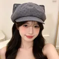 Close-up detail of retro grey polka dot painter hat featuring cute cat ears design - Adult 55-58cm / Polka Dot Cloud Hat - Grey