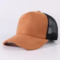 Breathable brown faux suede trucker hat with black mesh back panels for casual wear - Adjustable / Brown
