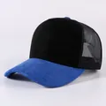 Blue and black color block trucker hat with suede front and breathable mesh back panel. - Adjustable / Sapphire Blue