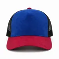 Tricolor faux suede trucker hat featuring a blue front panel and a red curved brim - Royal Blue and Wine Red Brim
