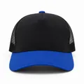 Breathable suede mesh trucker hat featuring a stylish black and blue color-block design - Black and Royal Blue Brim