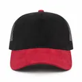 Stylish two-tone suede mesh trucker hat with black crown and a vibrant red brim - Black and Red Brim