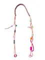 Close-up view of pink braided crossbody phone strap with adjustable colorful knots - Pink and Orange Patchwork / Pink Woven (1)