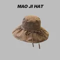 Stylish brown plaid bucket sun hat for women with wide brim and adjustable tie string - Khaki