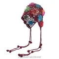 Handmade crochet floral beanie with long tassels in bohemian hollow knit style - Burgundy