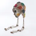 Handmade bohemian crochet beanie with colorful flower accents and long braided tassels - Khaki