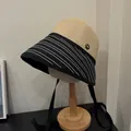 Women's summer straw bucket hat with black and white striped brim and chin strap - Black Stripe Patchwork