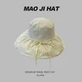 Korean style checkered yellow bucket hat with wide brim and bow tie - Yellow