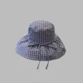Plaid wide-brim bucket hat with checkered pattern and bow-tie drawstring detail - Blue