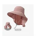 Detail of pink sun hat with protective neck flap and rollable shawl design - Grapefruit Pink