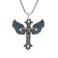 Close-up of vintage gothic cross necklace with blue enamel wings and star pendant - Blue