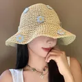 Cappello di paglia beige da donna con fiori blu in maglia per la protezione solare in spiaggia - Bianco avorio