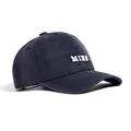 Close-up detail of navy blue washed cotton baseball cap with white MINE embroidery - Navy Blue