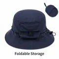 Foldable navy blue bucket hat featuring water-repellent quick-dry fabric for women - Navy Blue