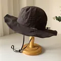 Dark grey breathable quick-dry outdoor bucket hat with wide brim and chin strap - Gray