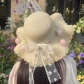 Mori style straw sun hat with elegant lace bow and pink tulip decorations for beach - Off White