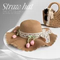 Summer straw sun hat with lace bow and tulip flowers, wide brim elegant style. - Khaki